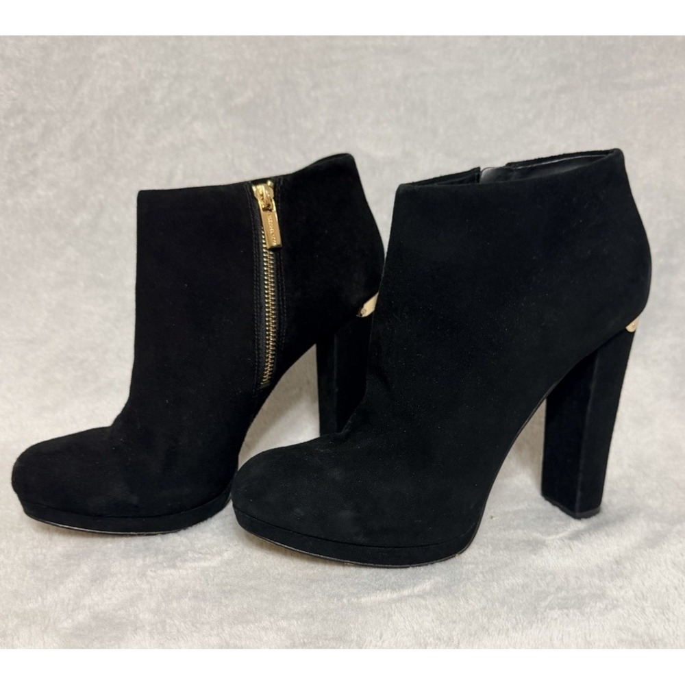 Michael Kors Haven Platform Booties Black Suede Ankle Boots Heels Block gold 9 M